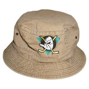Vintage Mighty Ducks of Anaheim NHL Bucket Hat Cap Khaki Tan Embroidered 90s